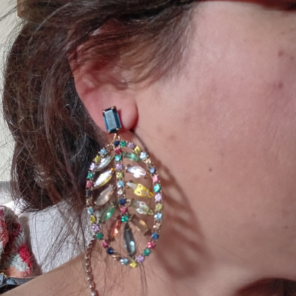 J. Crew wild palm leaf Tropical Drop statement earrings Multicolor Rhinestone 3"